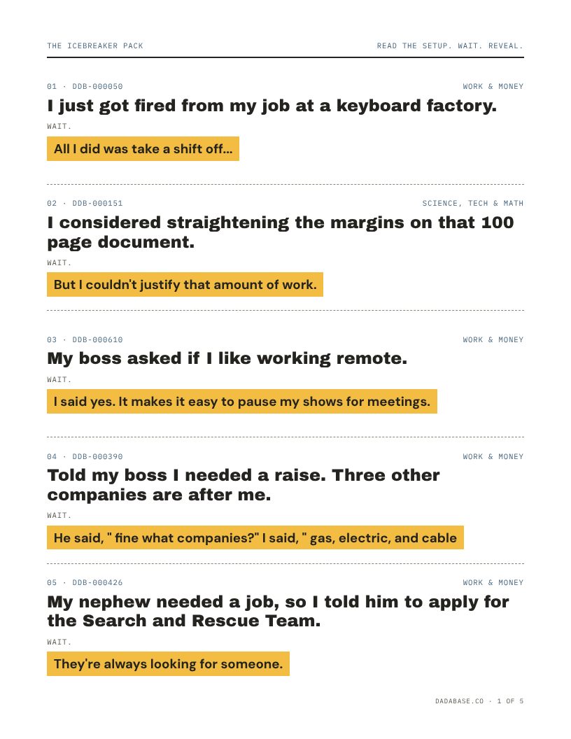 A page from The Icebreaker Pack: five numbered jokes, each with a setup, a pause cue and a punchline.