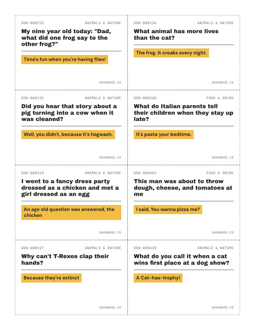 The first page of Lunchbox Notes: eight cut-apart joke cards, each with a record number, a setup and a punchline.