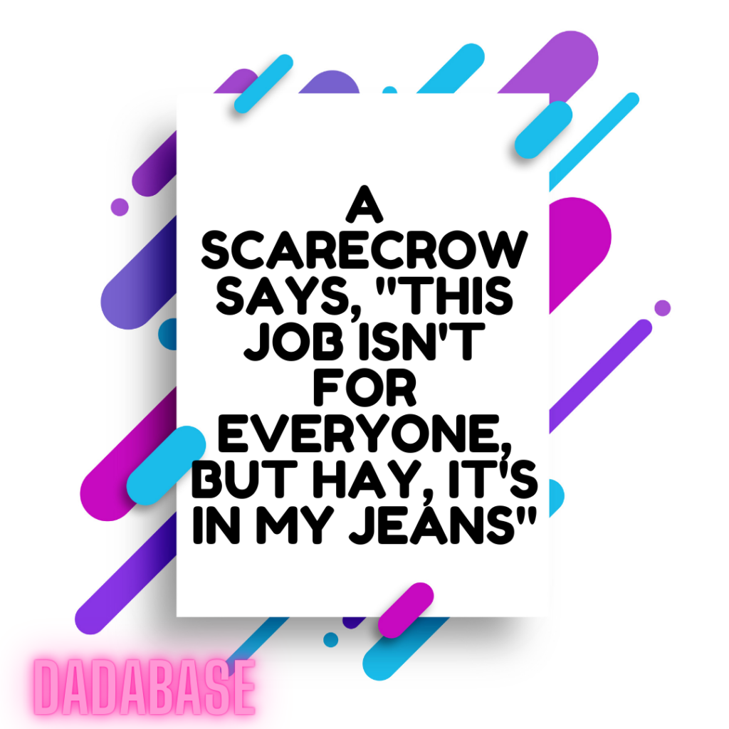A scarecrow says, "This job isn't for everyone, but hay, it's in my jeans"
